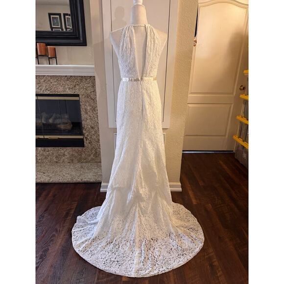 GALINA Illusion Lace Halter Sheath Wedding Boho Dress Altered Size 4 Ivory - Picture 6 of 16